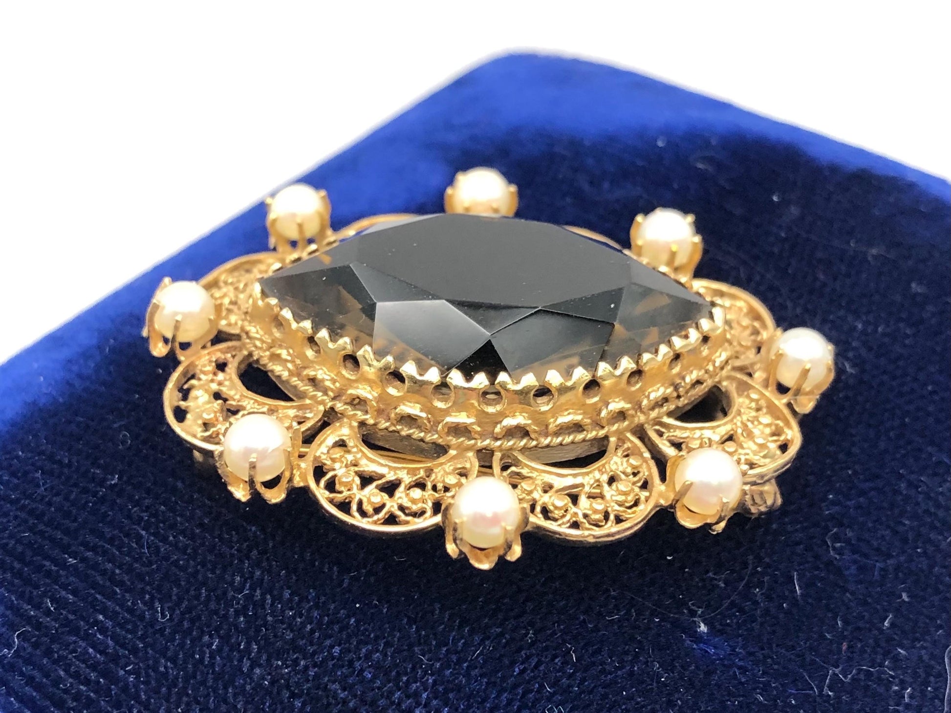 Vintage 14k Gold Smoky Quartz Pearl Pendant Pin: Marquise November Birthstone