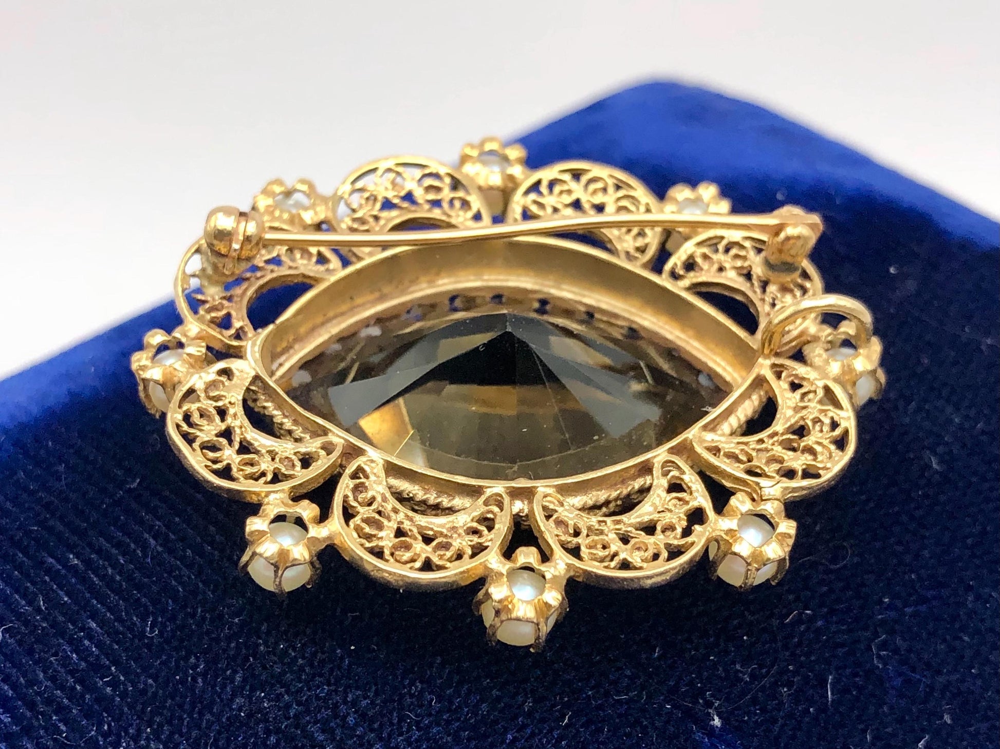 Vintage 14k Gold Smoky Quartz Pearl Pendant Pin: Marquise November Birthstone