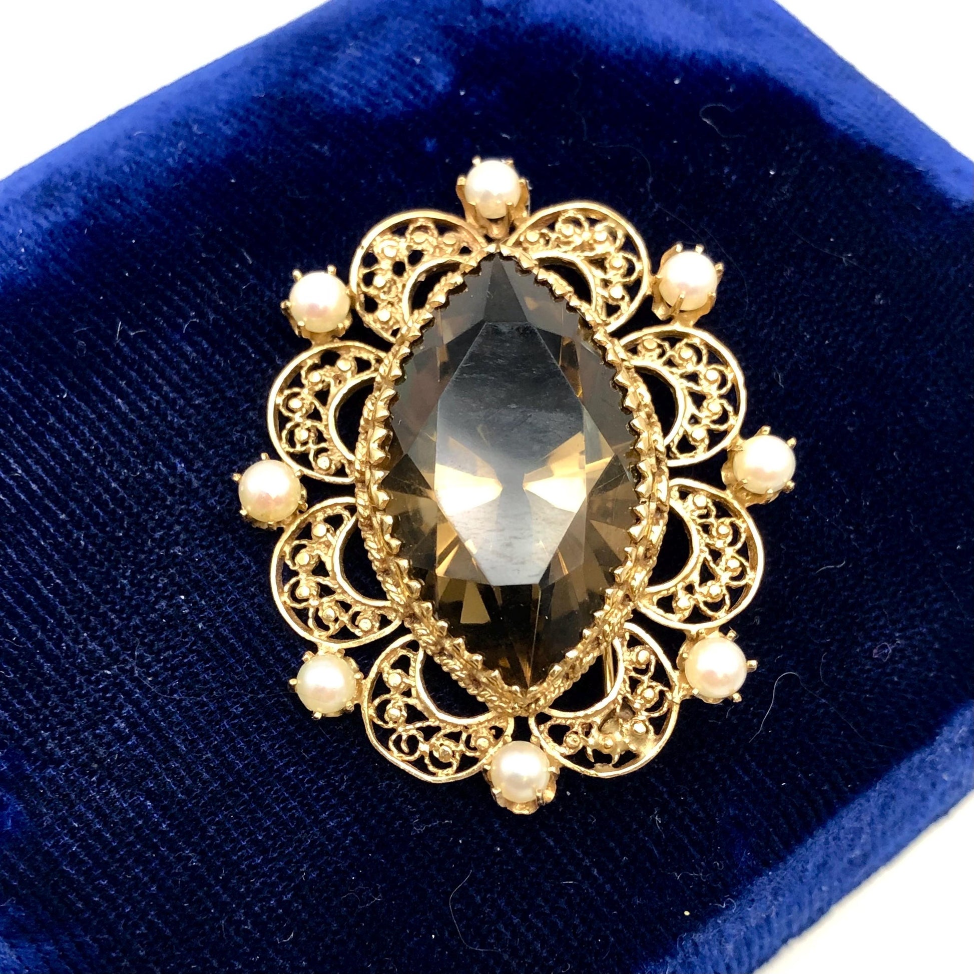 Vintage 14k Gold Smoky Quartz Pearl Pendant Pin: Marquise November Birthstone