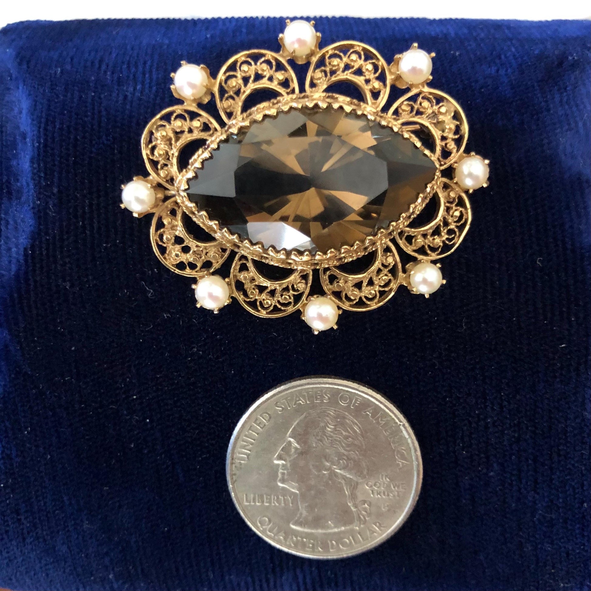 Vintage 14k Gold Smoky Quartz Pearl Pendant Pin: Marquise November Birthstone