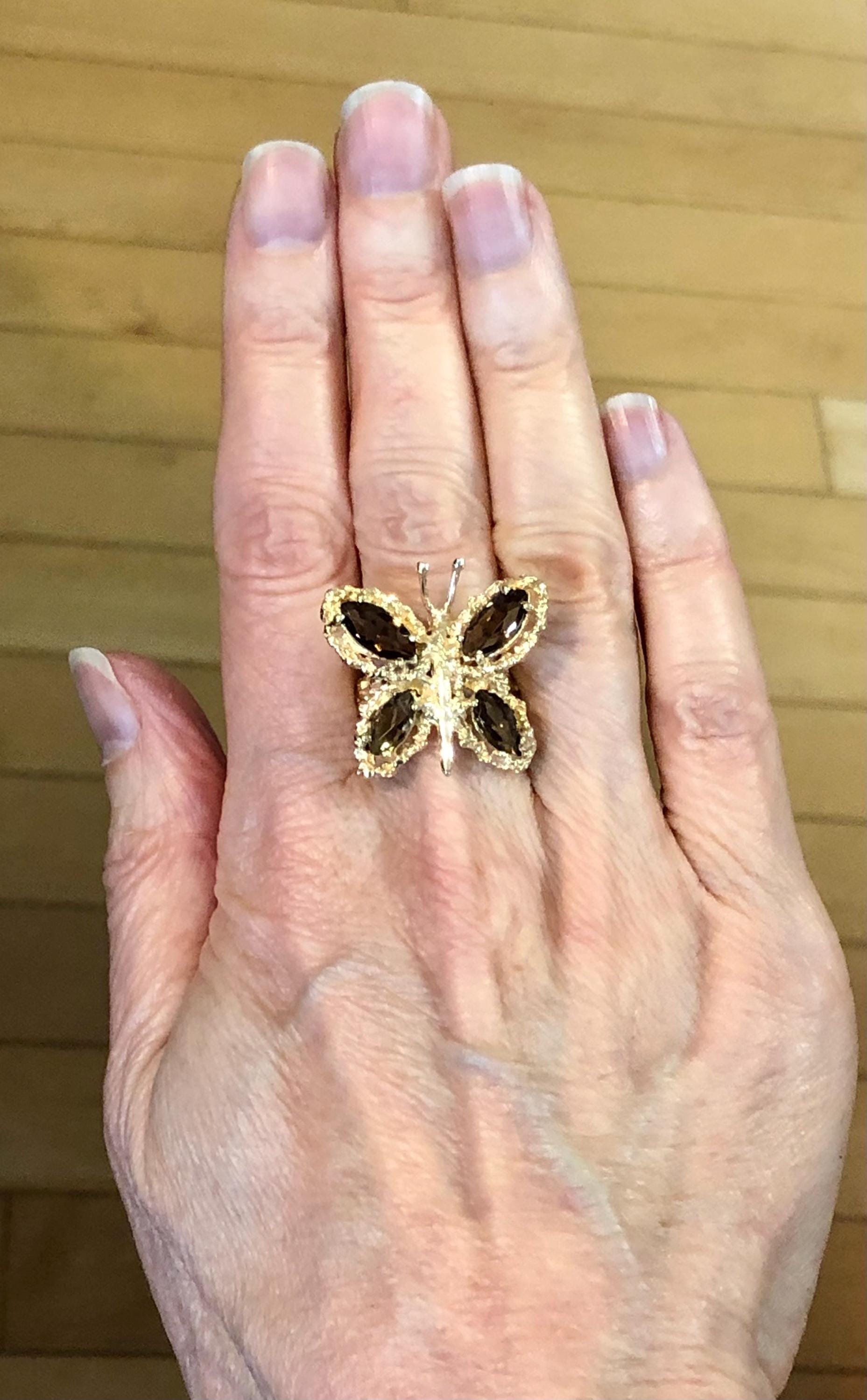 Vintage Large 14k Yellow Gold Smoky Quartz Butterfly Ring, Size 6.75