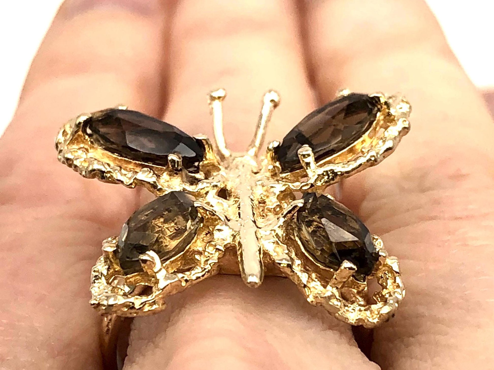 Vintage Large 14k Yellow Gold Smoky Quartz Butterfly Ring, Size 6.75