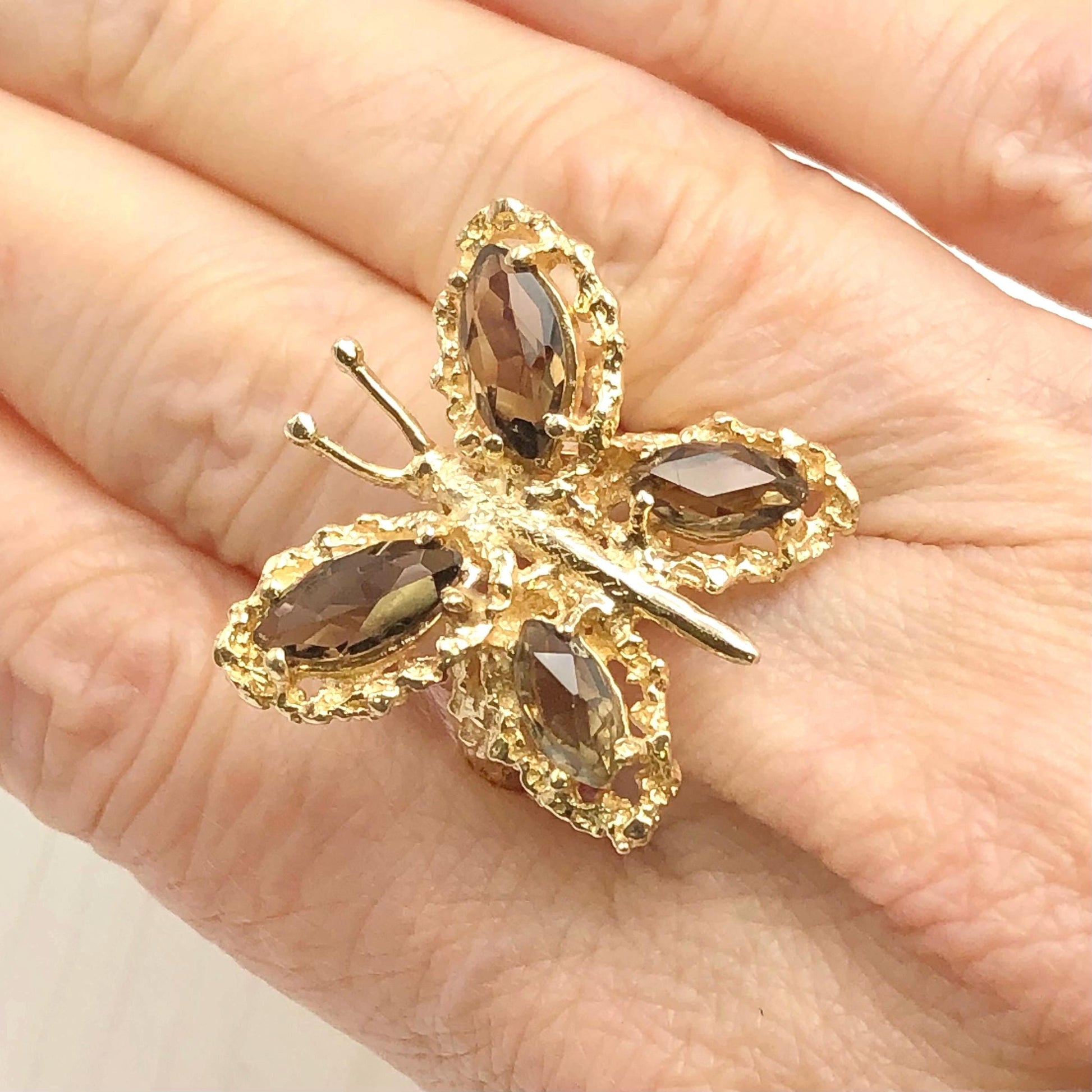 Vintage Large 14k Yellow Gold Smoky Quartz Butterfly Ring, Size 6.75
