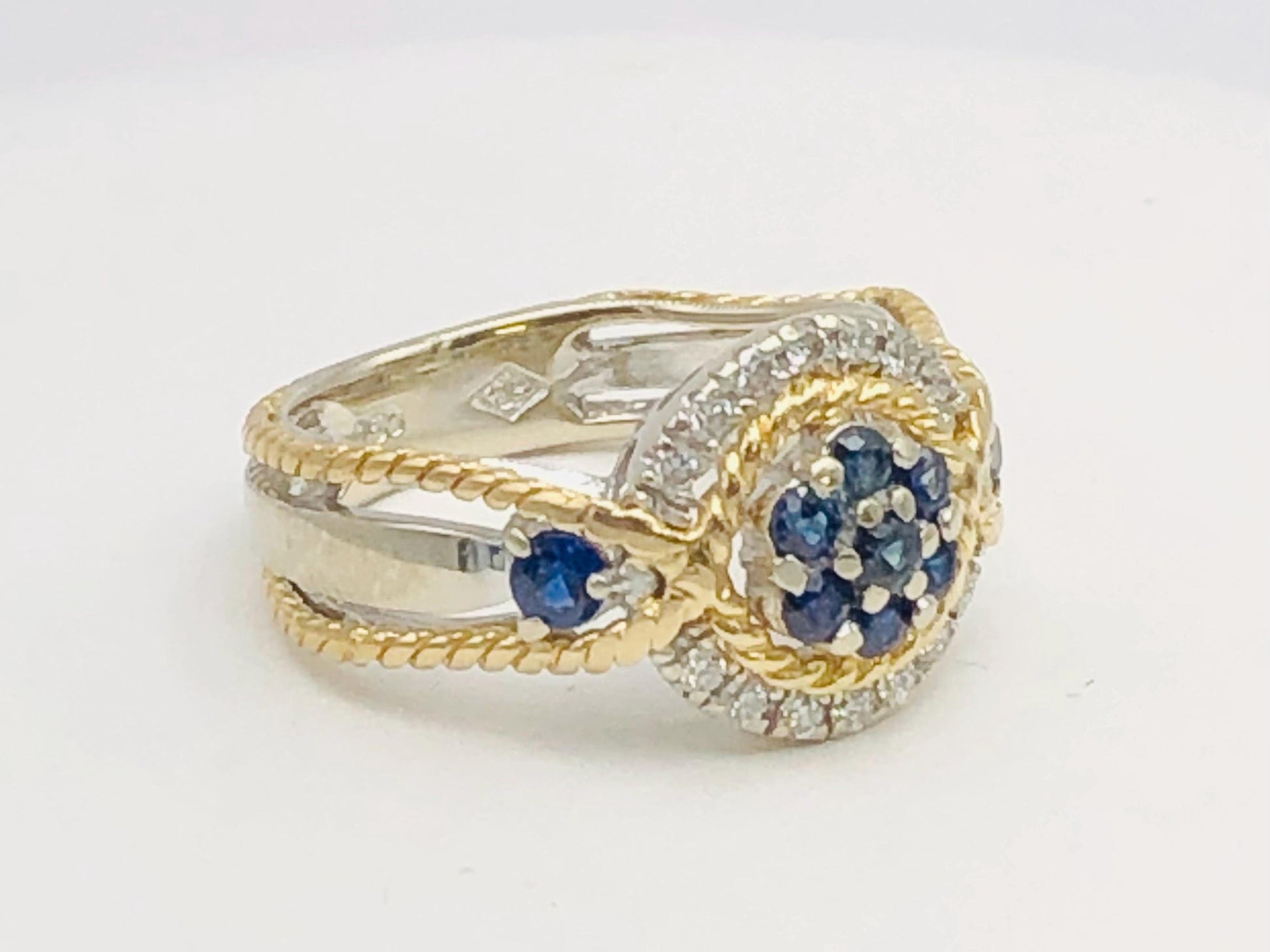 Vintage 18k Two-Tone Gold Sapphire Diamond Ring: September Birthstone, Size 7