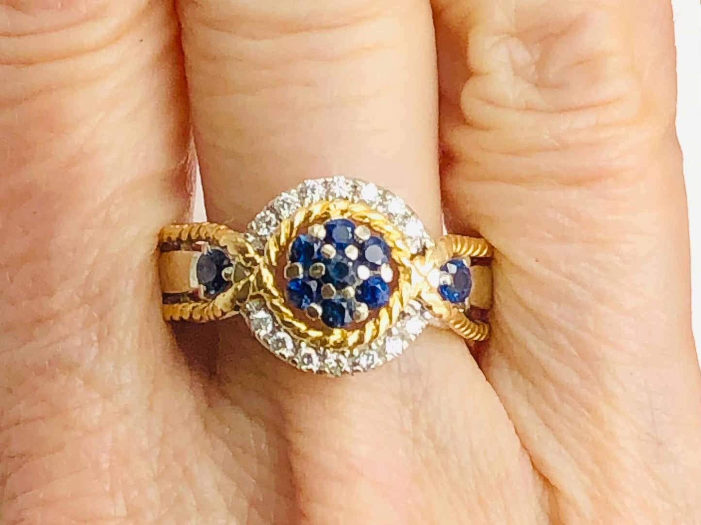 Vintage 18k Two-Tone Gold Sapphire Diamond Ring: September Birthstone, Size 7