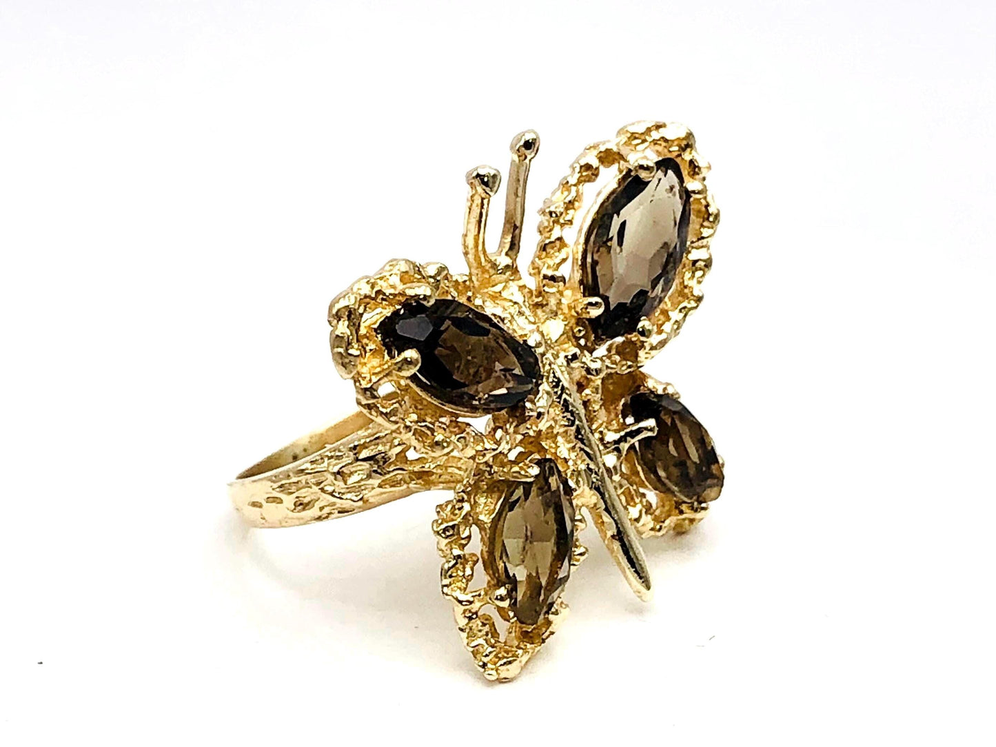 Vintage Large 14k Yellow Gold Smoky Quartz Butterfly Ring, Size 6.75