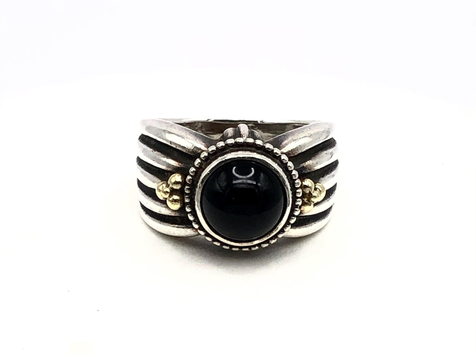 Vintage Boho Sterling Silver and Gold Black Onyx Ring - SDG Ring - Size 8