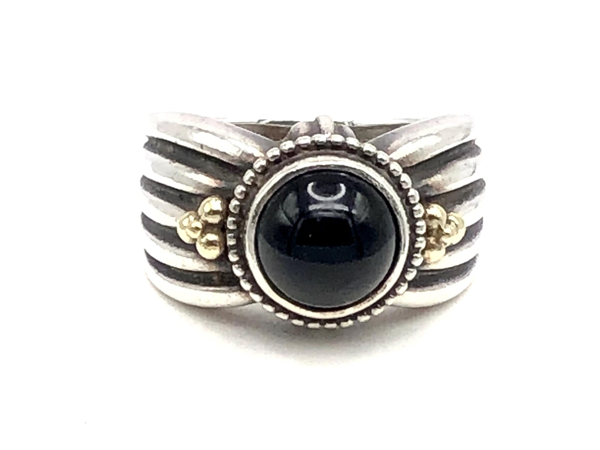 Vintage Boho Sterling Silver and Gold Black Onyx Ring - SDG Ring - Size 8