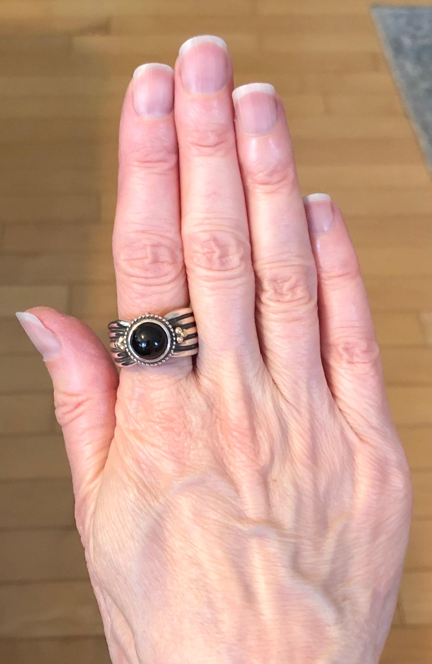 Vintage Boho Sterling Silver and Gold Black Onyx Ring - SDG Ring - Size 8