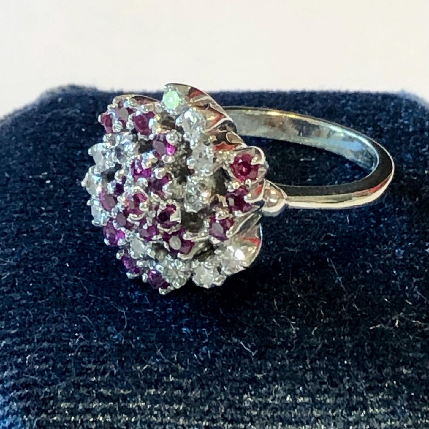 Vintage 14k White Gold Ruby and Diamond Swirl Ring, Cluster Cocktail Ring, Size 4.5