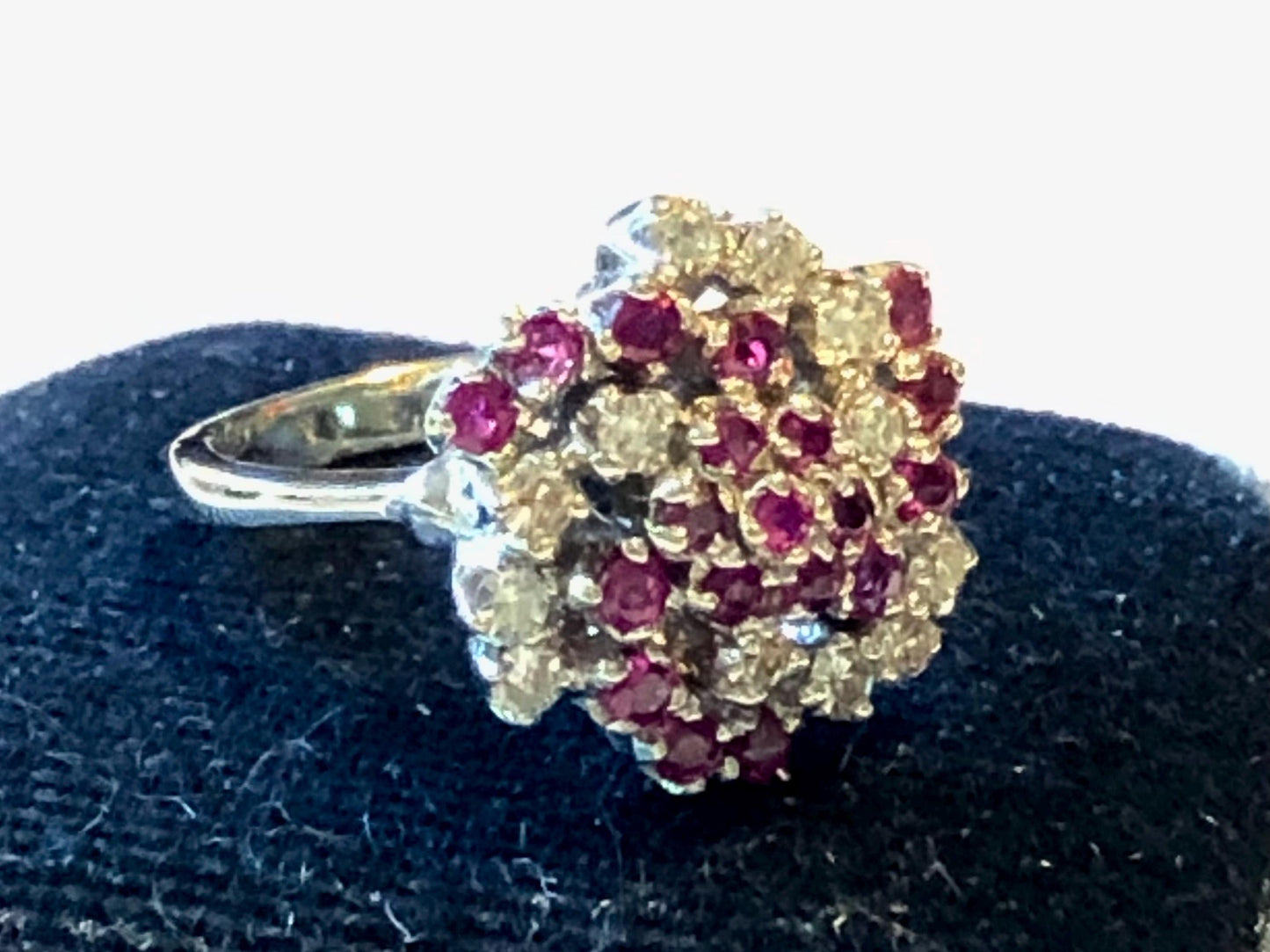 Vintage 14k White Gold Ruby and Diamond Swirl Ring, Cluster Cocktail Ring, Size 4.5