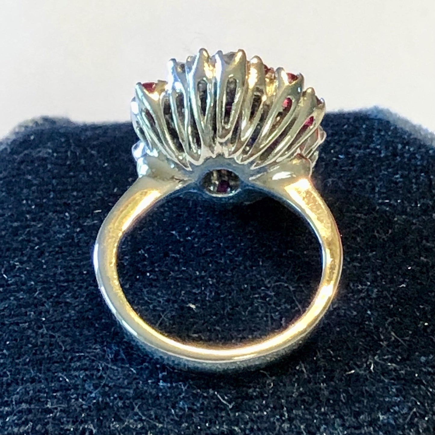 Vintage 14k White Gold Ruby and Diamond Swirl Ring, Cluster Cocktail Ring, Size 4.5