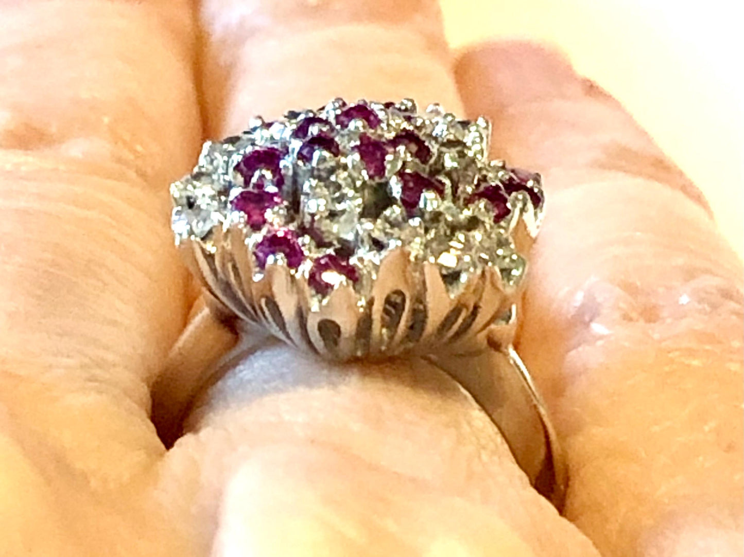 Vintage 14k White Gold Ruby and Diamond Swirl Ring, Cluster Cocktail Ring, Size 4.5