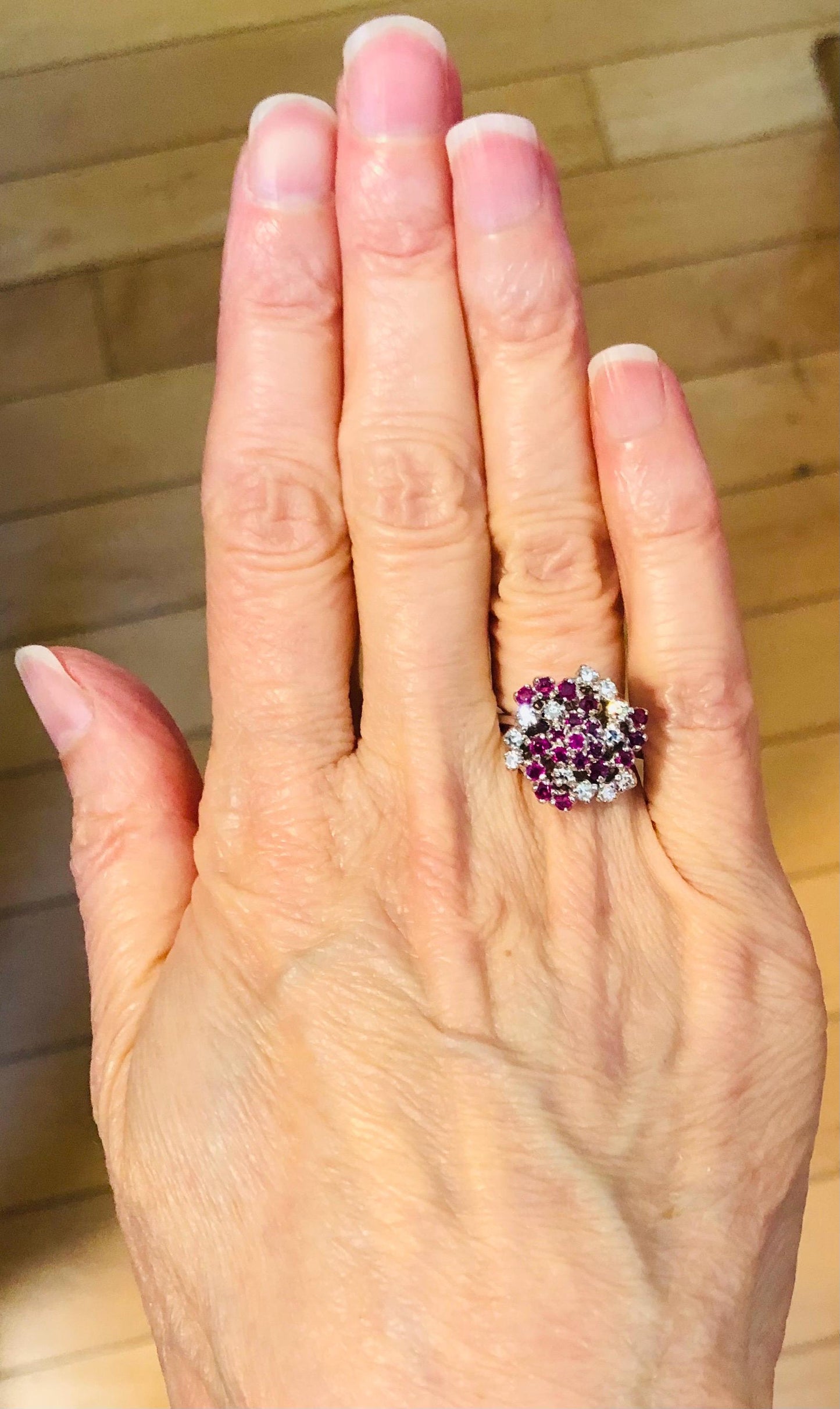 Vintage 14k White Gold Ruby and Diamond Swirl Ring, Cluster Cocktail Ring, Size 4.5