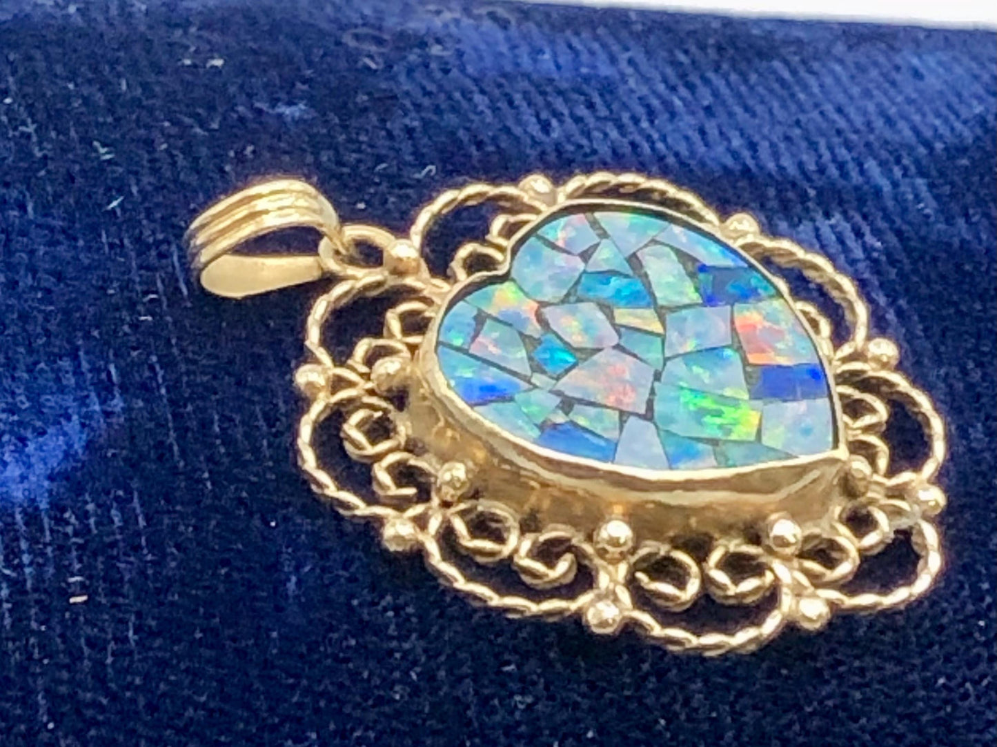Vintage 14k Gold Mosaic Opal Heart Pendant, October Birthstone, Genuine Opal Doublet Pendant