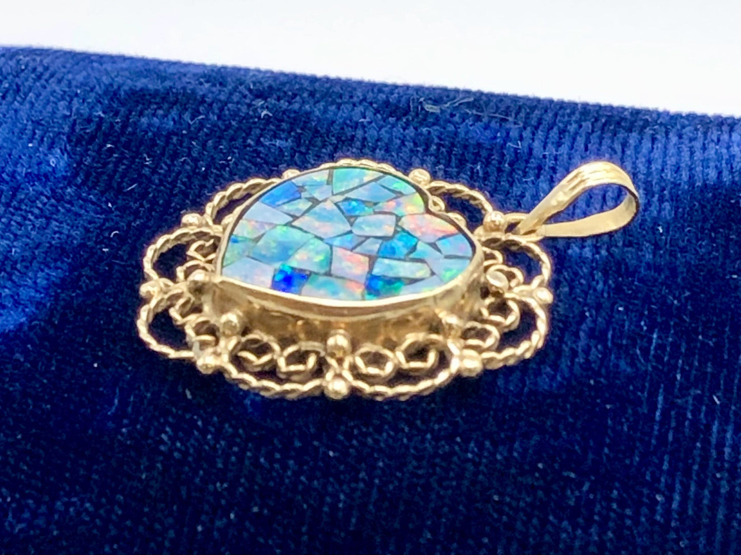 Vintage 14k Gold Mosaic Opal Heart Pendant, October Birthstone, Genuine Opal Doublet Pendant