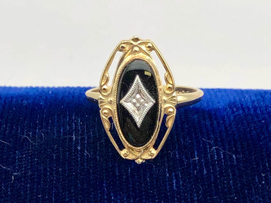 Vintage 10k Two Tone Gold Black Onyx Diamond Ring, Retro Style Ring, Size 6.75