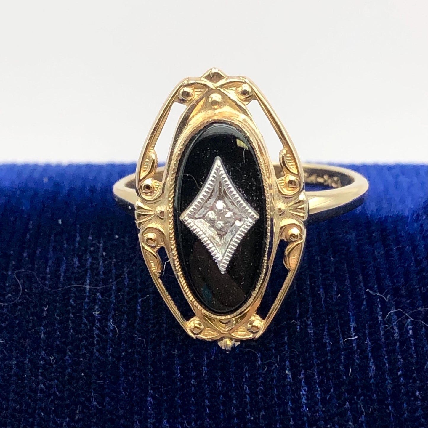 Vintage 10k Two Tone Gold Black Onyx Diamond Ring, Retro Style Ring, Size 6.75