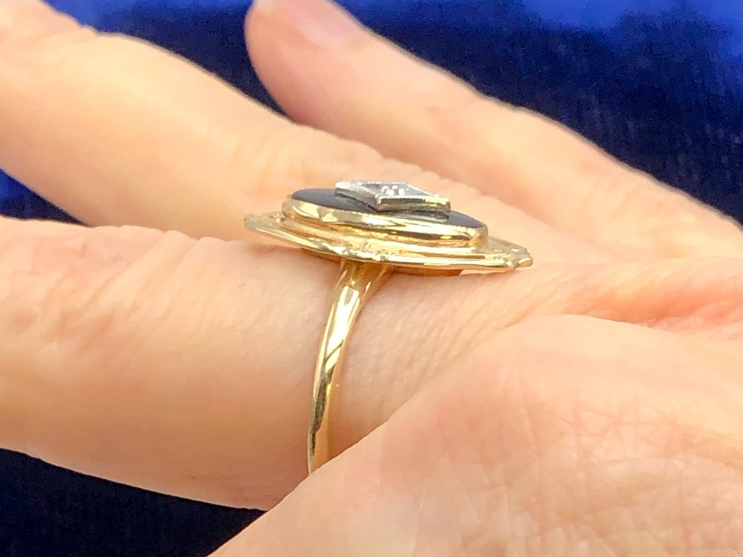 Vintage 10k Two Tone Gold Black Onyx Diamond Ring, Retro Style Ring, Size 6.75