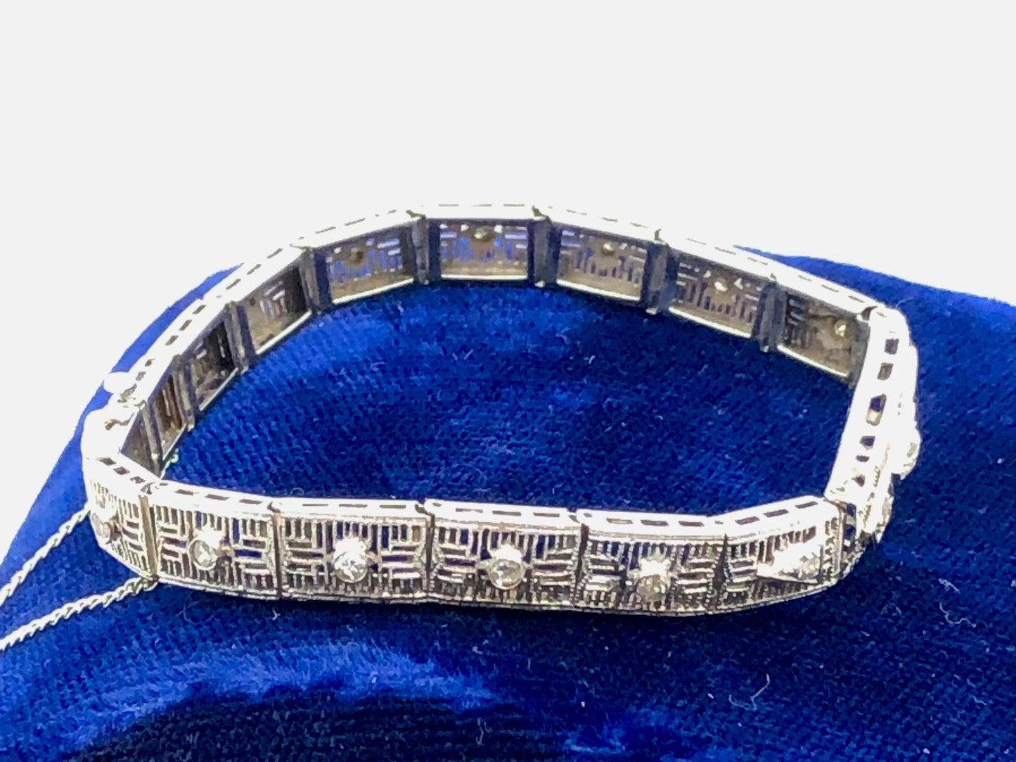Vintage Art Deco Diamond Bracelet: 14k White Gold Filigree, 1920s, 6 3/16"