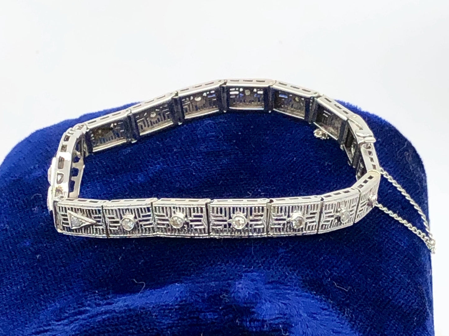 Vintage Art Deco Diamond Bracelet: 14k White Gold Filigree, 1920s, 6 3/16"