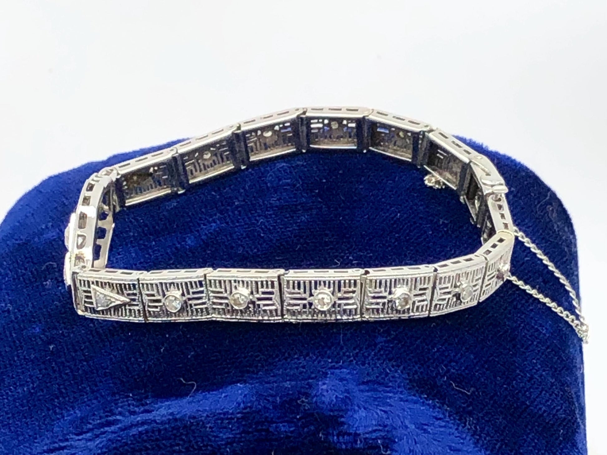 Vintage Art Deco Diamond Bracelet: 14k White Gold Filigree, 1920s, 6 3/16"