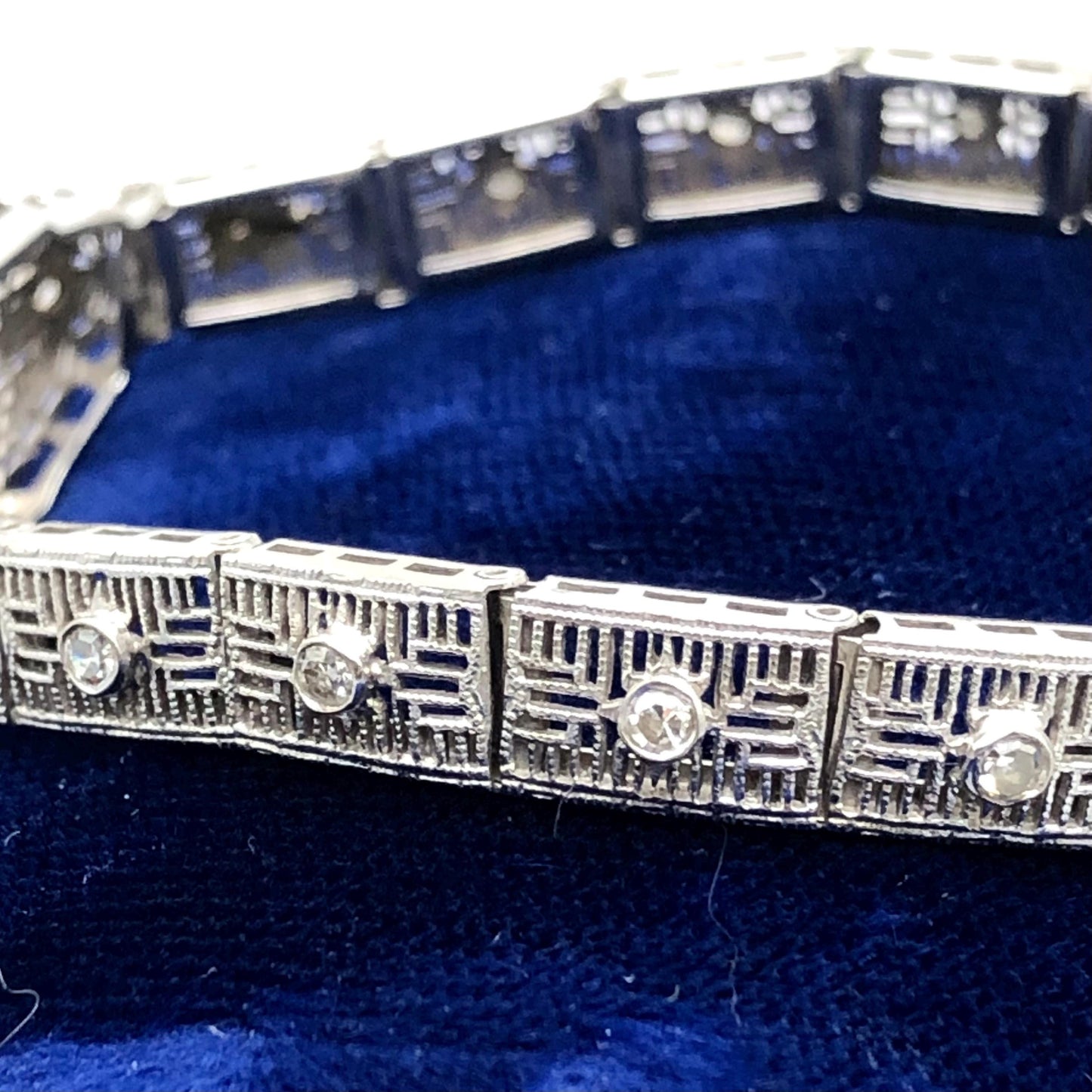 Vintage Art Deco Diamond Bracelet: 14k White Gold Filigree, 1920s, 6 3/16"