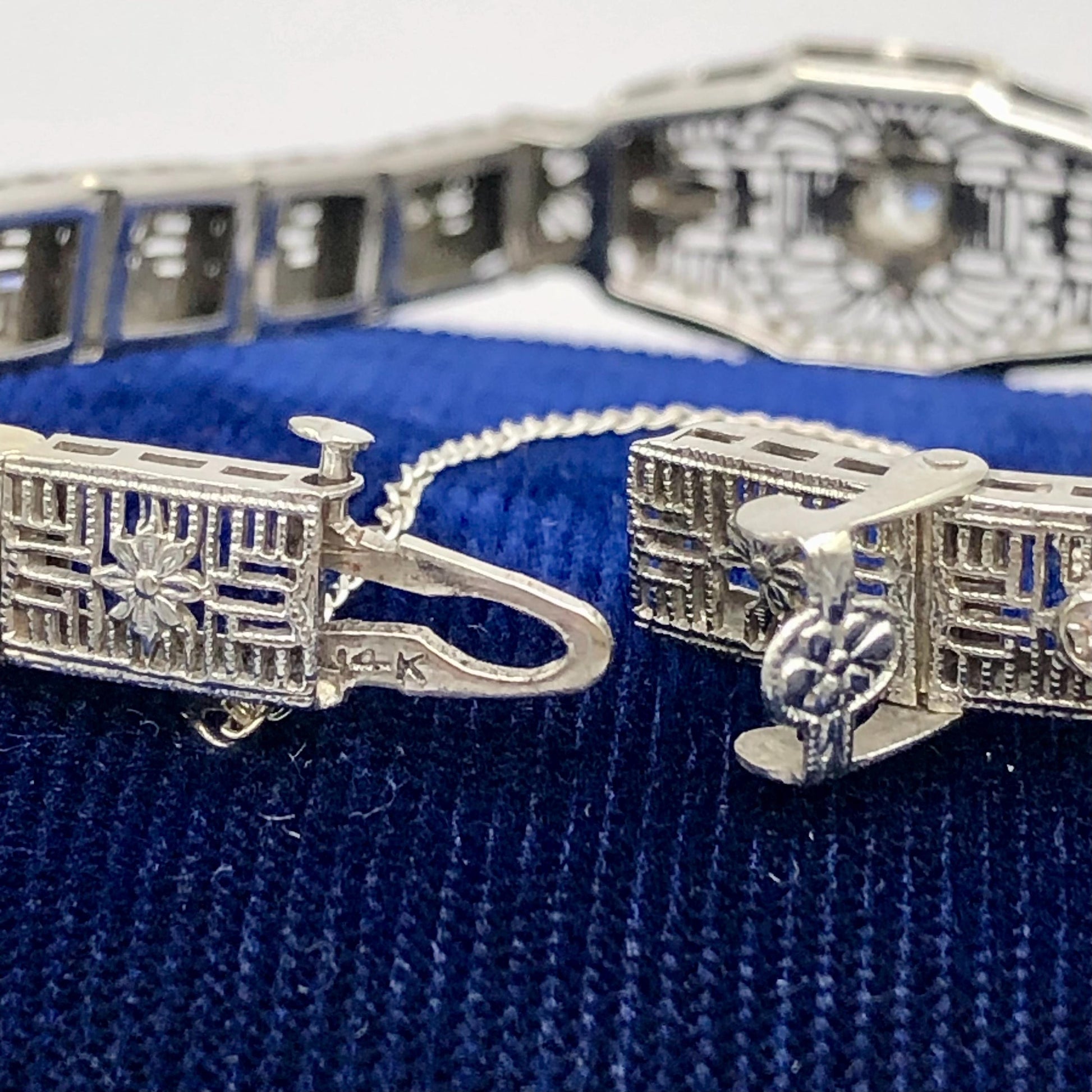 Vintage Art Deco Diamond Bracelet: 14k White Gold Filigree, 1920s, 6 3/16"
