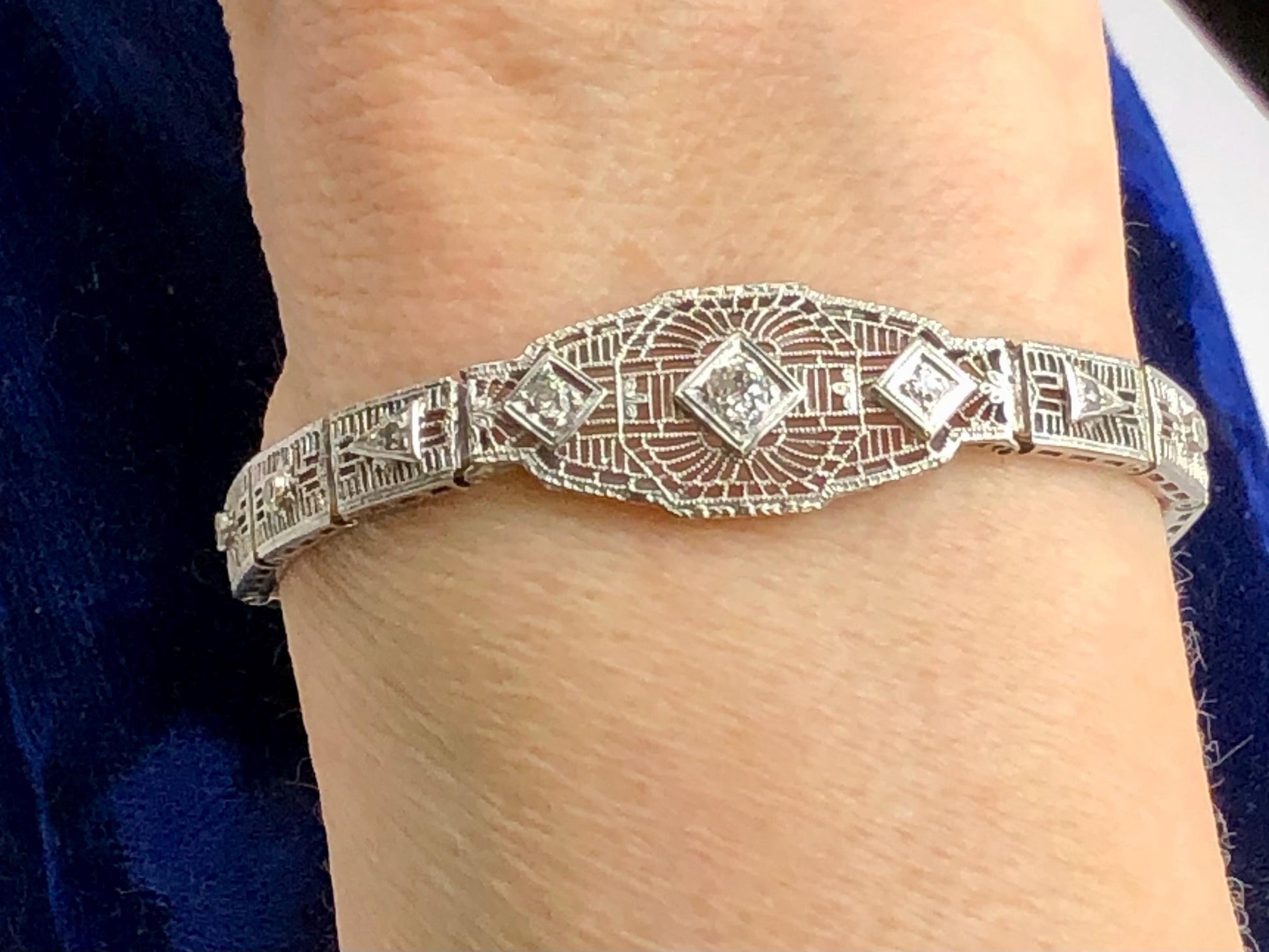 Vintage Art Deco Diamond Bracelet: 14k White Gold Filigree, 1920s, 6 3/16"
