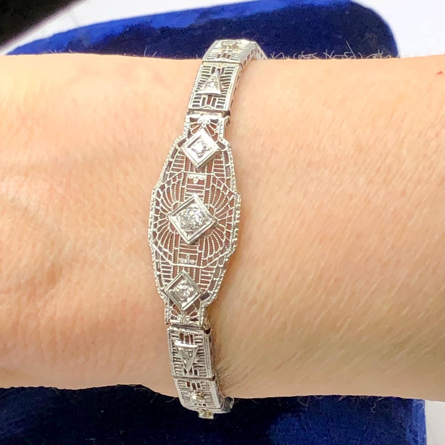 Vintage Art Deco Diamond Bracelet: 14k White Gold Filigree, 1920s, 6 3/16"