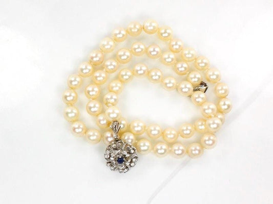 Vintage 18k White Gold Pearl Necklace: Sapphire Floral Clasp, 19" Bridal Strand