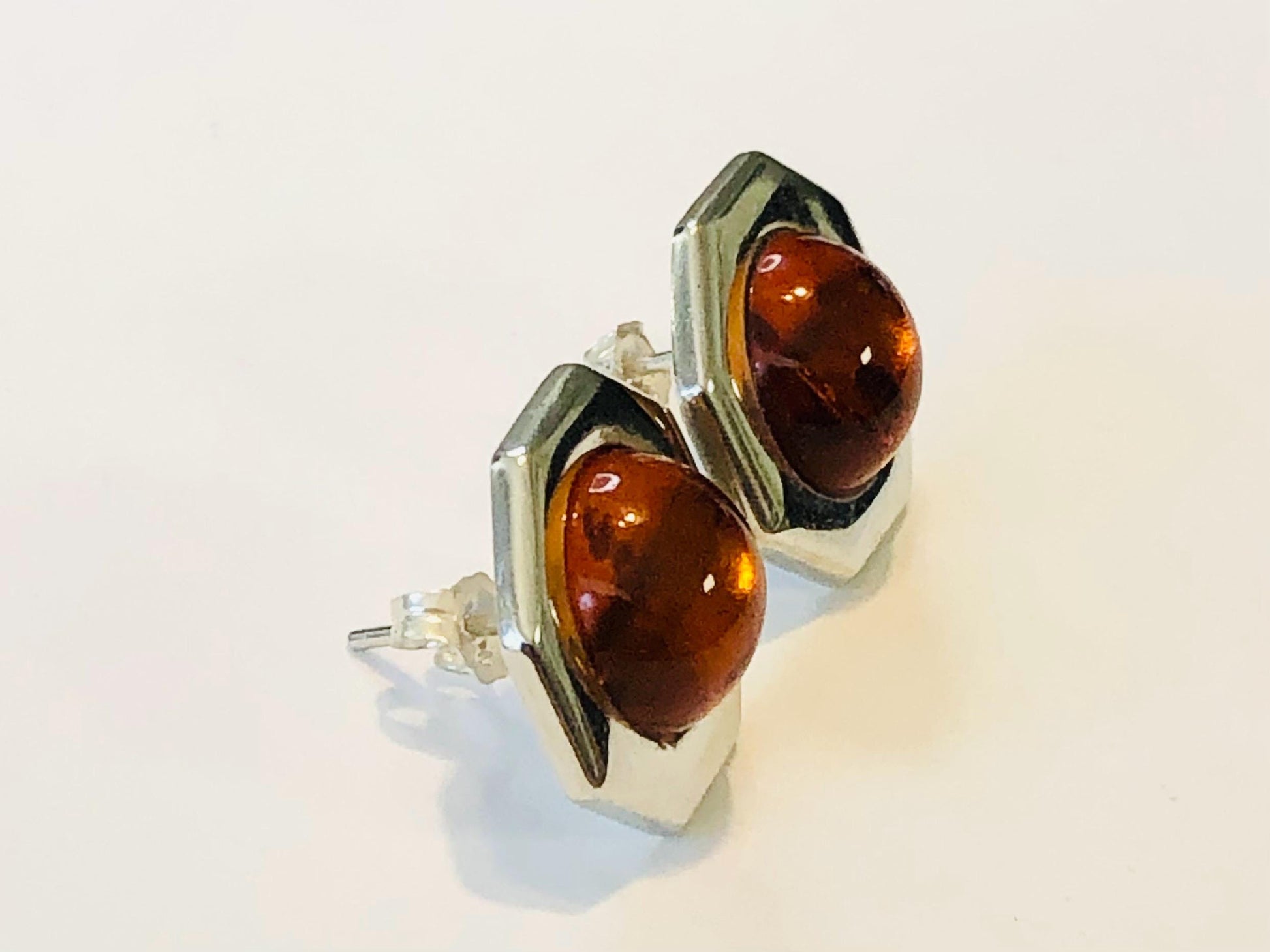 Vintage Sterling Silver Octagon Shaped Amber Stud Earrings - 925 Studs