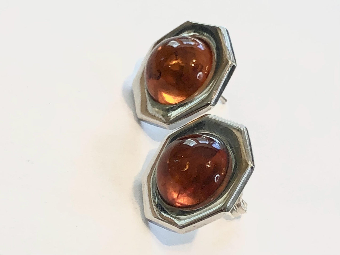 Vintage Sterling Silver Octagon Shaped Amber Stud Earrings - 925 Studs