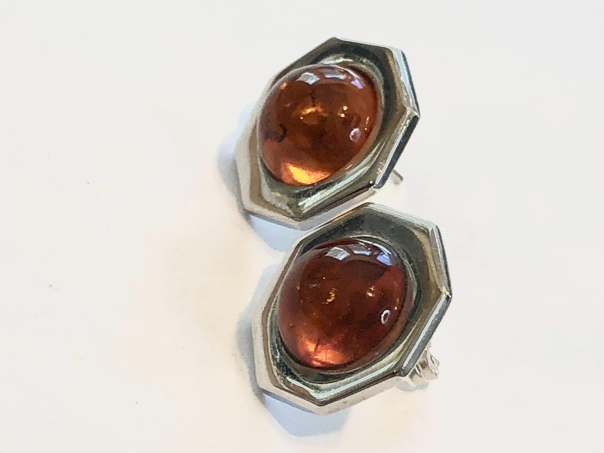 Vintage Sterling Silver Octagon Shaped Amber Stud Earrings - 925 Studs