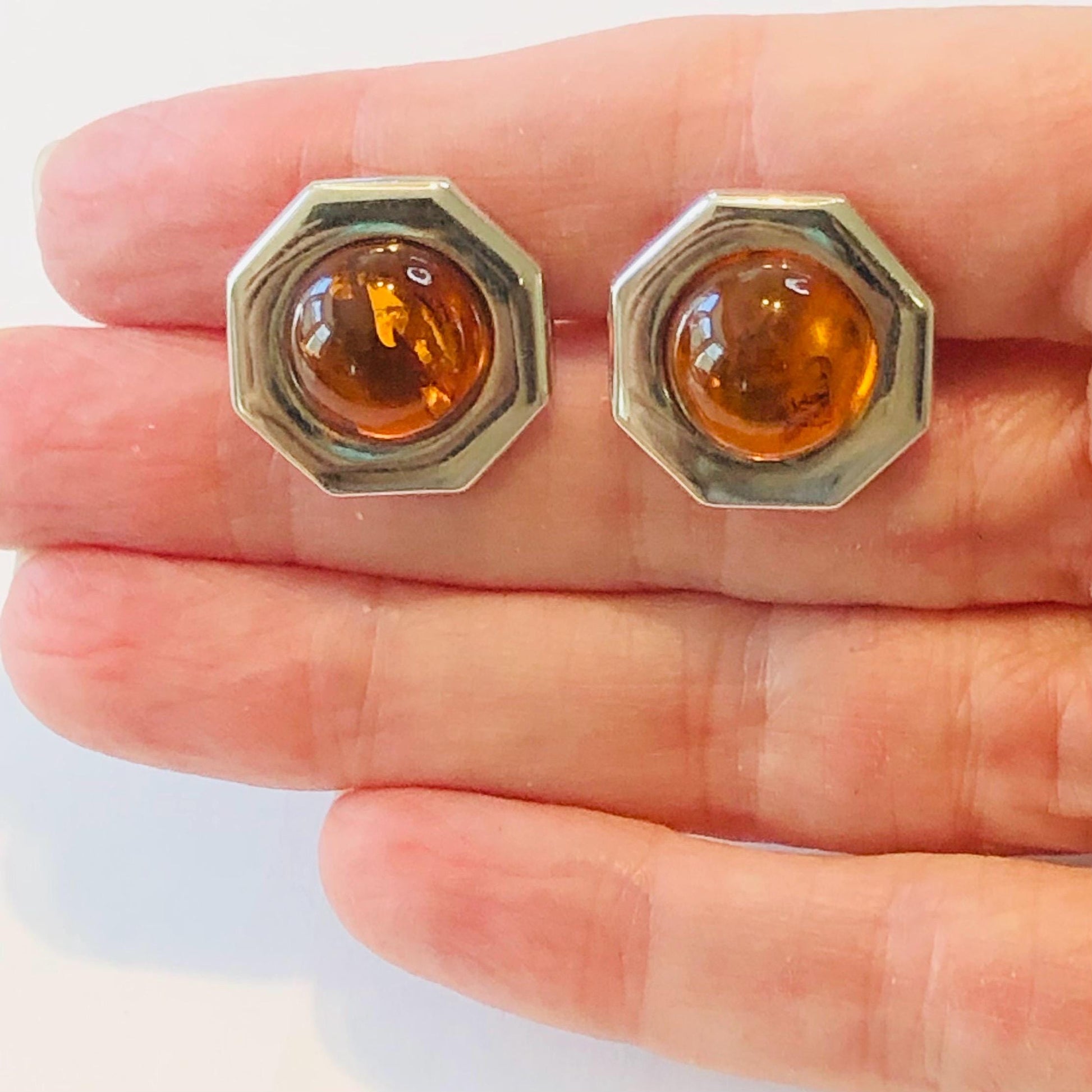 Vintage Sterling Silver Octagon Shaped Amber Stud Earrings - 925 Studs