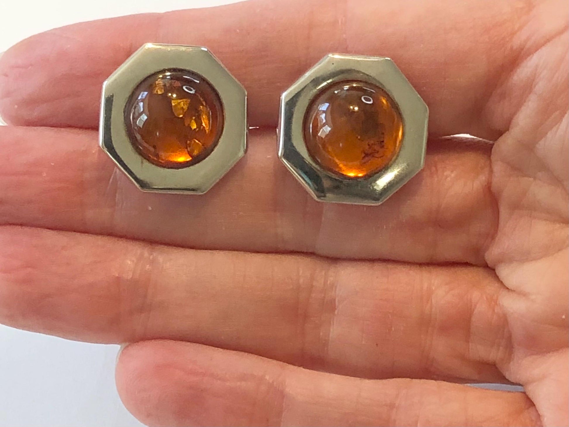 Vintage Sterling Silver Octagon Shaped Amber Stud Earrings - 925 Studs