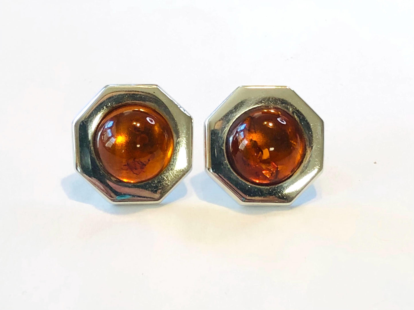 Vintage Sterling Silver Octagon Shaped Amber Stud Earrings - 925 Studs