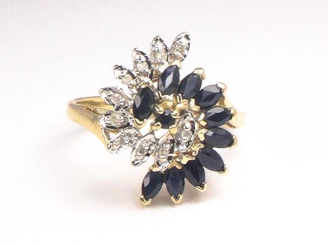 Vintage 10k Gold Natural Sapphire and Diamond Swirl Ring Size 7