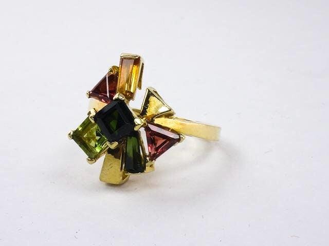 Vintage 18k Modern Multi-Colored Gemstone Cluster Ring, Italian Gold Tourmaline Citrine & Peridot Ring, Size 7