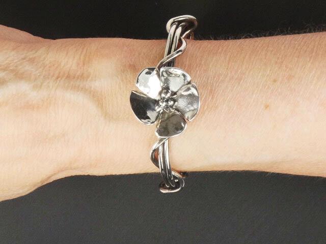 Vintage Sterling Silver Floral Cuff Bracelet Signed Dogwood Flower Twist Bracelet