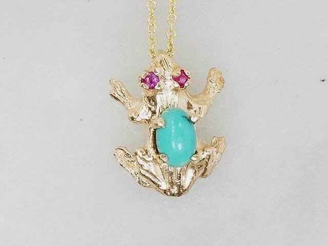 Vintage 14k Gold Turquoise and Ruby Frog Necklace, Tiny Jeweled Frog Pendant on 18" Chain
