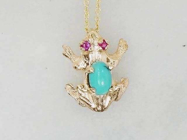 Vintage 14k Gold Frog Necklace: Turquoise & Ruby Jeweled Pendant