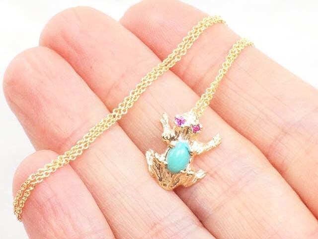 Vintage 14k Gold Turquoise and Ruby Frog Necklace, Tiny Jeweled Frog Pendant on 18" Chain