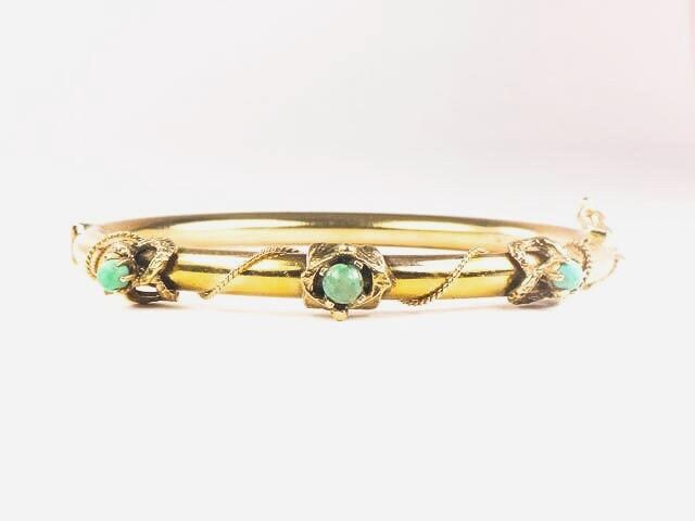 Vintage Victorian Revival 14k Yellow Gold Green Turquoise Bangle Bracelet - Small Hinged Bangle