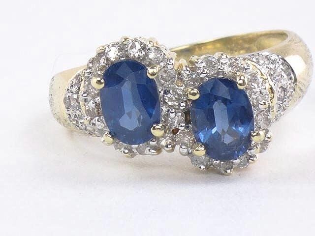 Vintage 14k Yellow Gold Sapphire Diamond Halo Ring - Size 6 3/4