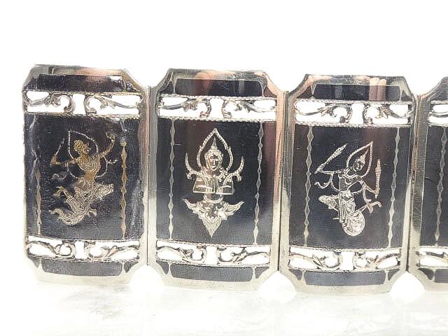 Vintage Siam Sterling Bracelet Heavy 61 Grams Siam Silver Goddess and Mermaid Princess Bracelet Wide Nielloware Thailand Siam Bracelet 7"