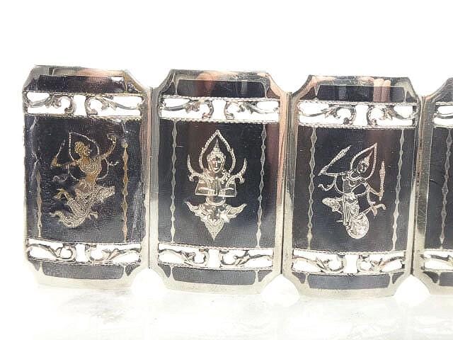 Vintage Siam Sterling Silver Nielloware Bracelet: Mermaid Princess Goddesses