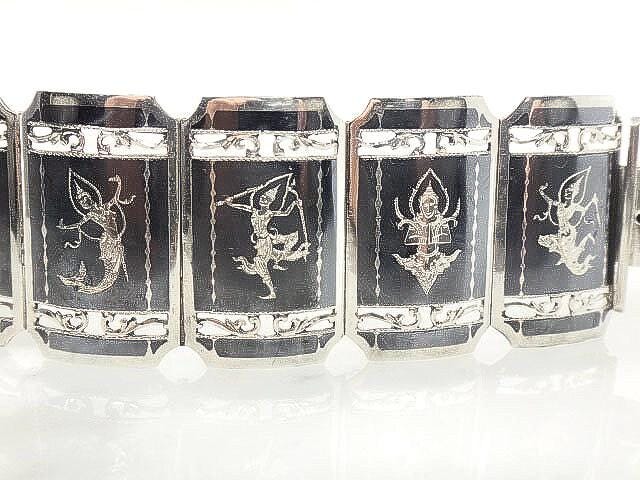 Vintage Siam Sterling Bracelet Heavy 61 Grams Siam Silver Goddess and Mermaid Princess Bracelet Wide Nielloware Thailand Siam Bracelet 7"