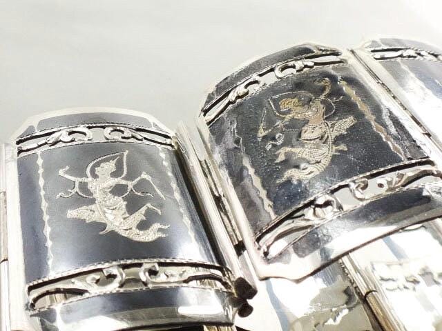 Vintage Siam Sterling Bracelet Heavy 61 Grams Siam Silver Goddess and Mermaid Princess Bracelet Wide Nielloware Thailand Siam Bracelet 7"