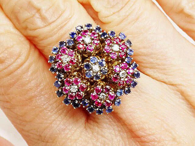 Vintage 18k Gold Floral Cocktail Ring: Sapphire, Ruby & Diamond Cluster (Size 6.25)
